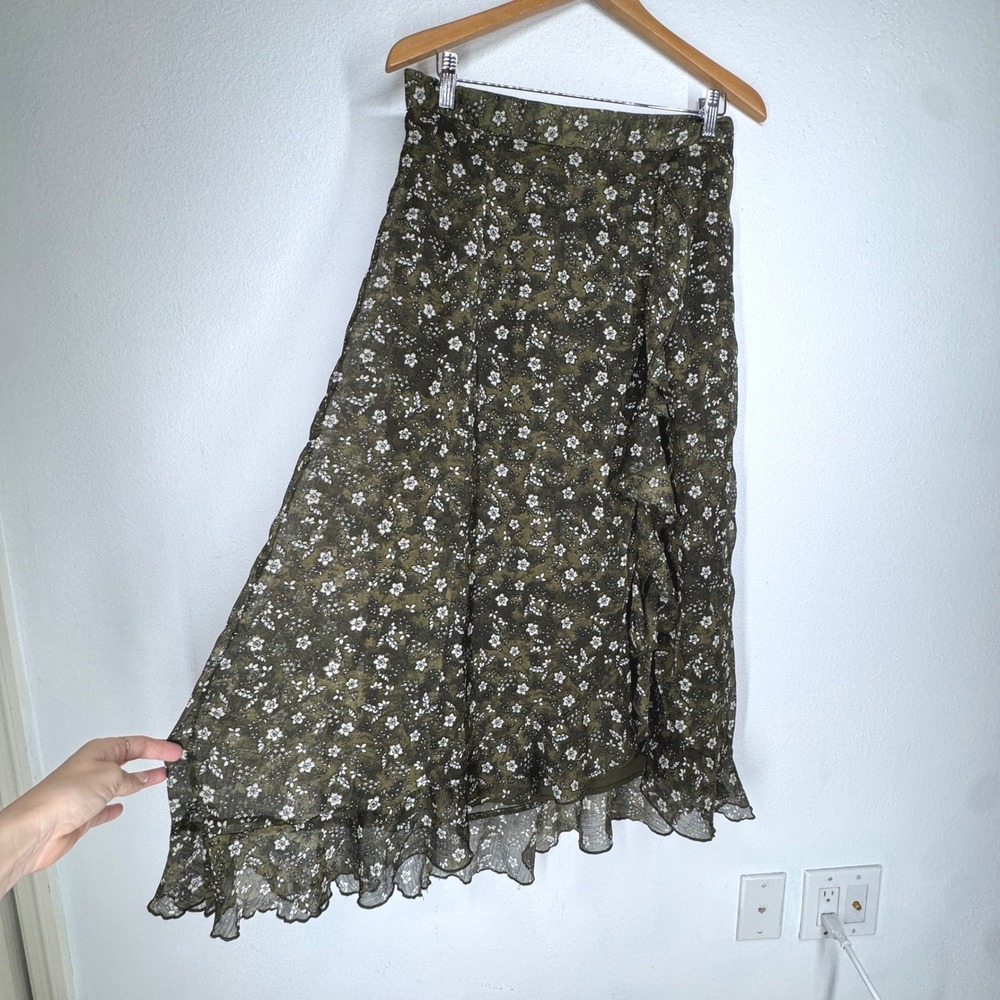 Old Navy Womens Large Olive Floral Ruffle Wrap Midi Skirt Chiffon Fairy Grunge